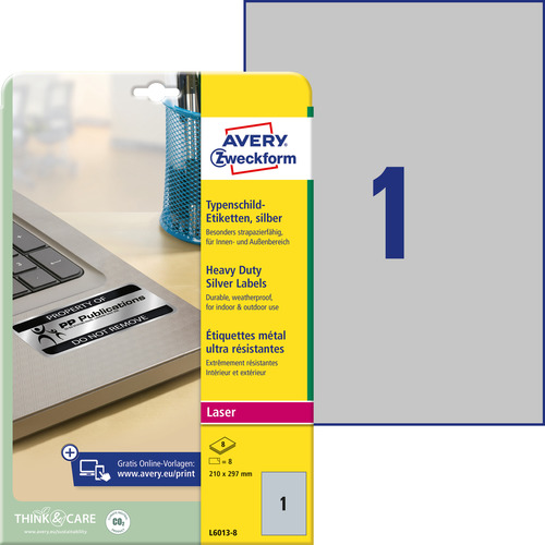 Etykiety foliowe srebrne A4 Avery Zweckform L6013-8 rozmiar 210 x 297mm