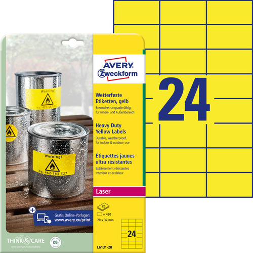 Etykiety poliestrowe wodoodporne Avery Zweckform L6131-20, żółte 70 x 37 mm