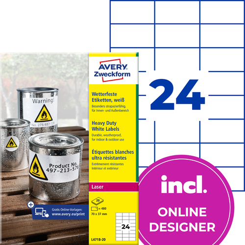 Etykiety poliestrowe wodoodporne Avery Zweckform L4718-20 białe 70x37mm