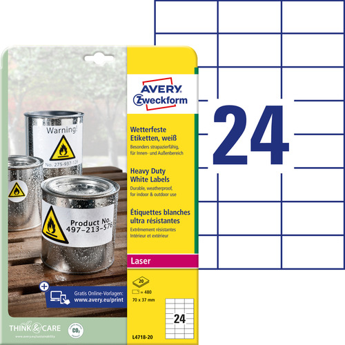 Etykiety poliestrowe wodoodporne Avery Zweckform L4718-20 białe 70x37mm
