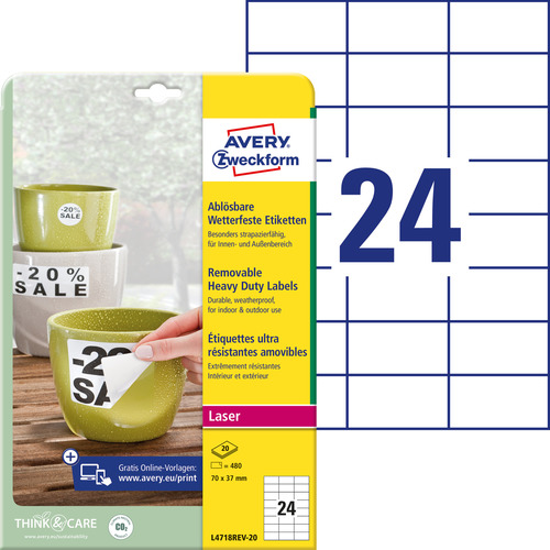 Etykiety poliestrowe usuwalne Avery Zweckform L4718REV-20 białe 70x37mm