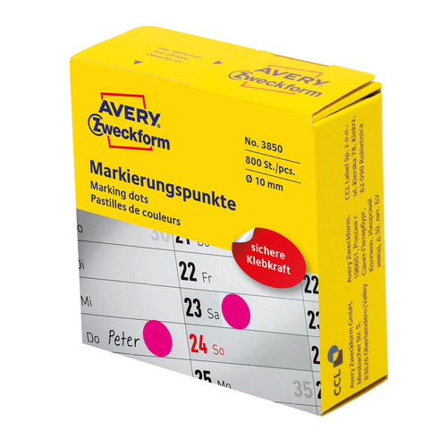 3850 Avery Zweckform Kółka samoprzylepne 800 szt. dyspenser Ø10mm różowe
