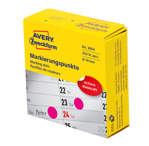 3854 Avery Zweckform Kółka samoprzylepne 250 szt. dyspenser Ø19 mm różowe