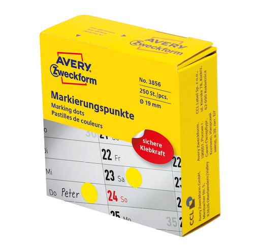3856 Avery Zweckform Kółka samoprzylepne 250 szt. dyspenser Ø19 mm żółte