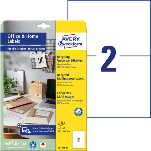Etykiety uniwersalne recykling Avery Zweckform LR3655-10 210x148mm 20 szt.