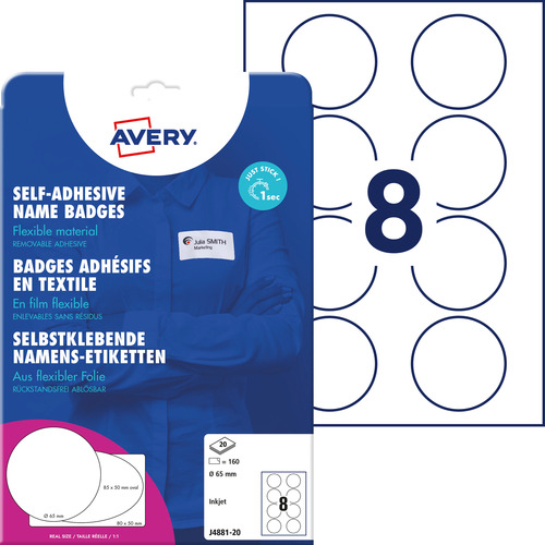 Samoprzylepne identyfikatory Avery Zweckform J4881-20 foliowe usuwalne Ø 65mm