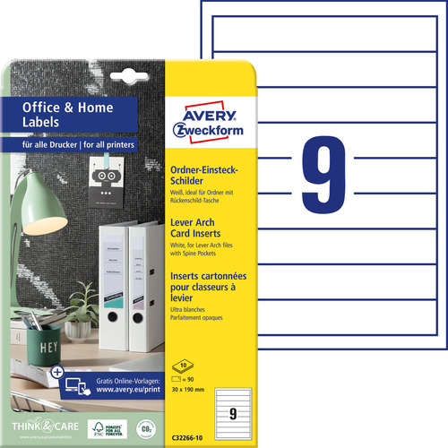 Wsuwka na segregator Avery C32266-10 rozm. 30x190 mm, białe w op. 90 szt.
