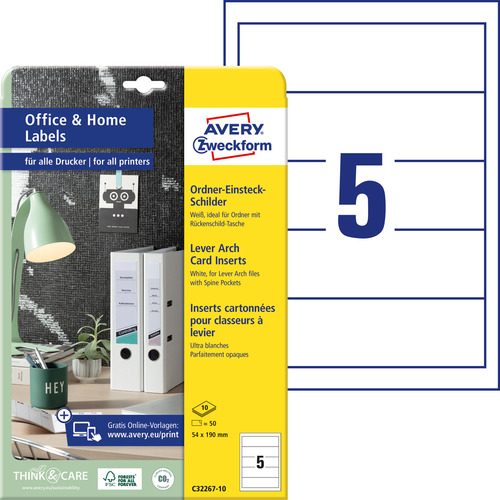 Wsuwka kartonowa na segregator Avery C32267-10 rozm. 54x190 mm, białe, opak 50 szt.