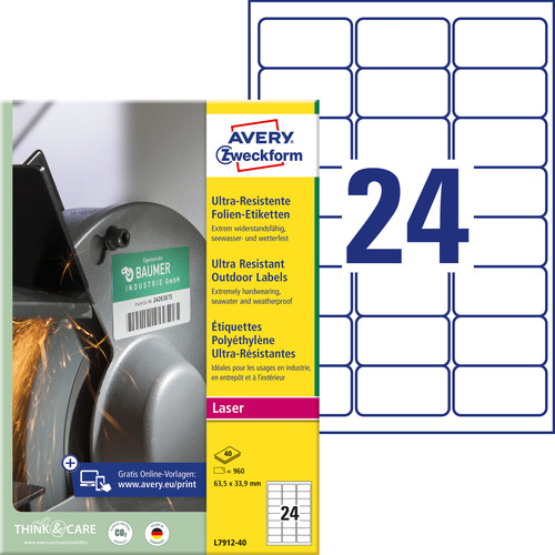 Etykiety polietylenowe Avery Zweckform L7912-10 rozm. 63,5 x 33,9 mm 960 etykiet
