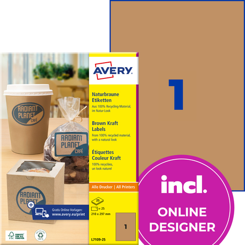 Brązowe naturalne etykiety 210x297 mm etykiet Avery Zweckform L7109-25