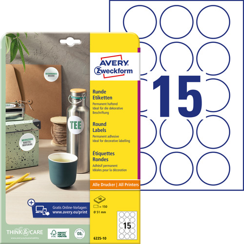 Etykieta okrągła samoprzylepna 6225-10 Avery Zweckform biała 51 mm 150 etykiet
