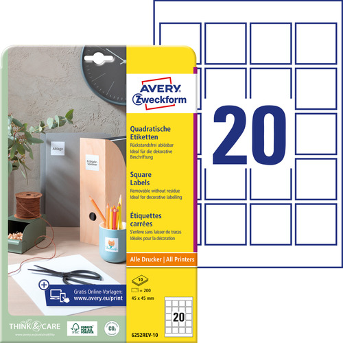 Kwadratowe etykiety usuwalne Avery Zweckform 6252REV-10 roz. 45x45mm 200 etykiet