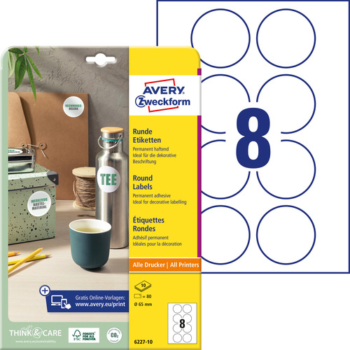 Etykieta okrągła samoprzylepna 6227-10 Avery Zweckform biała 65mm 80 etykiet