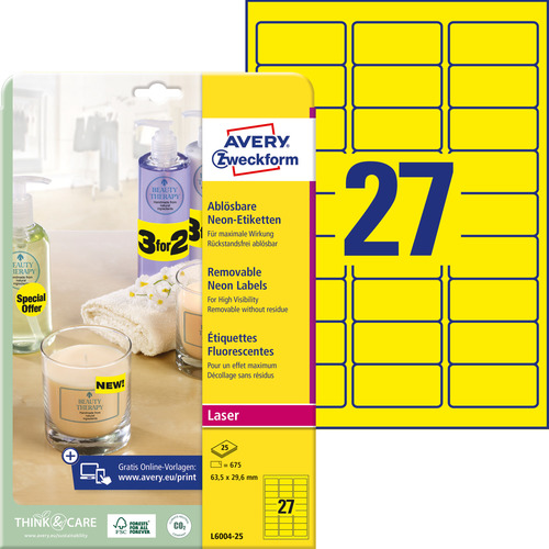 Etykieta neonowa Avery Zweckform L6004 - 25 63,5 x 29,6 mm żółte 675 etykiet