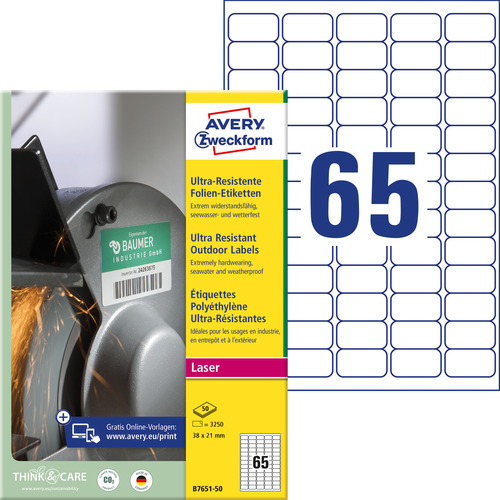 Etykiety polietylenowe Avery Zweckform B7651-50 rozm. 38x21mm 3250 etykiet