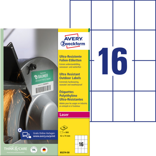 Etykiety polietylenowe Avery Zweckform B5274-50 rozm. 52x74mm 800 etykiet
