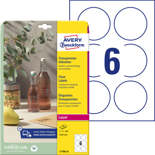 Etykieta foliowa krystaliczna kółko Ø 80mm Avery Zweckform L7788-25, 150 szt.