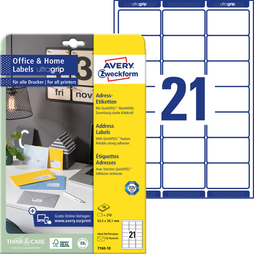 Etykieta adresowa Avery Zweckform 7160 - 10, 63,5 x 38,1mm, 2100 etykiet