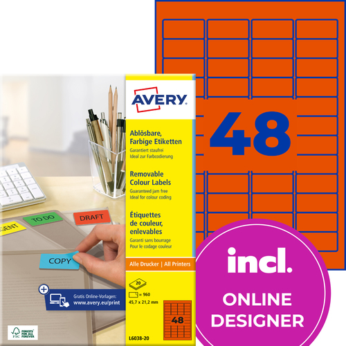L6038-20 Etykieta kolorowa Avery Zweckform rozmiar 45,7 x 21,2 czerwone 960 szt.