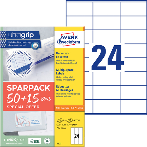 Etykiety uniwersalne Avery Zweckform 6602, rozmiar 70 x 36mm, 1560 etykiet