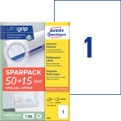 Etykiety uniwersalne Avery Zweckform 6603, rozmiar 210 x 297mm, 65 etykiet