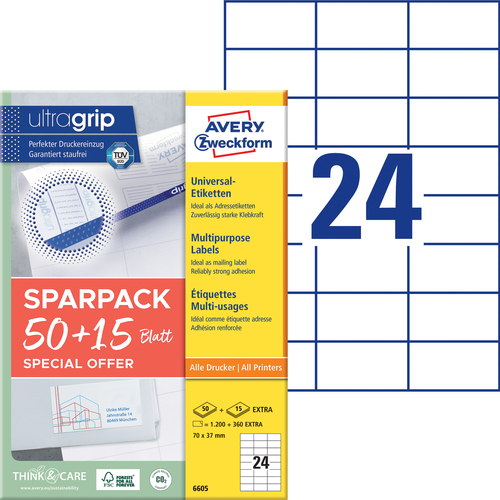 Etykiety uniwersalne Avery Zweckform 6605, rozmiar 70 x 37mm, 1560 etykiet