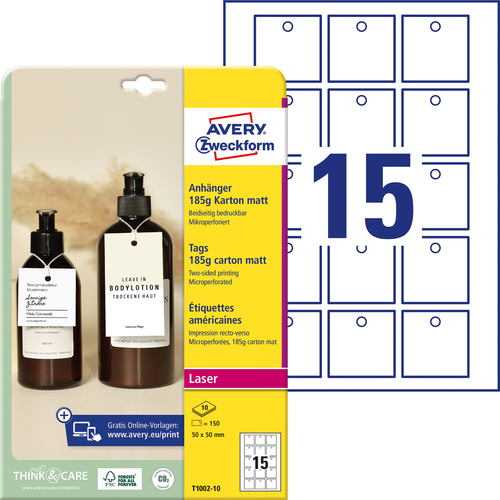 T1002-10 Zawieszki kartonowe, 185g, rozmiar 50x50 mm, 150 szt. w op.