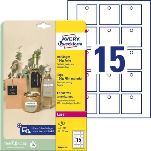T3003-10 Zawieszki foliowe, 190µ, 50x50 mm, 10 arkuszy, 150 szt. ze sznureczkiem