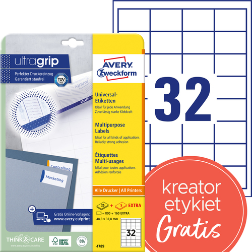 Etykiety samoprzylepne Avery Zweckform 4789, rozmiar 48,3 x 33,8mm, 960 etykiet