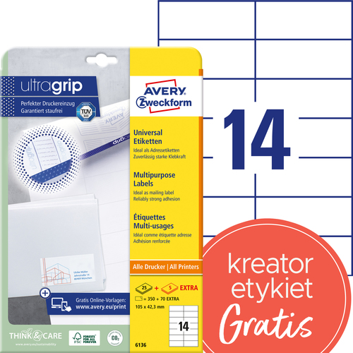 Etykiety uniwersalne Avery Zweckform 6136 samoprzylepne 105 x 42,3mm, 420 etykiet
