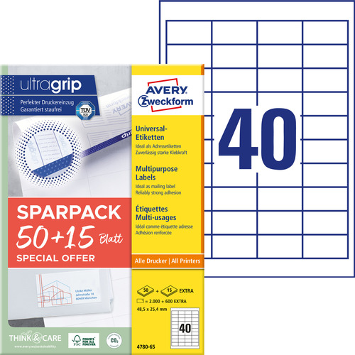 Etykiety uniwersalne Avery Zweckform 4780-65 rozmiar 48,5 x 25,4mm, 2600 etykiet