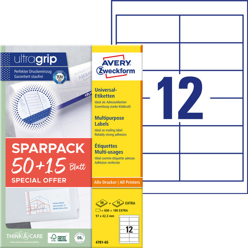 Etykiety uniwersalne Avery Zweckform 4781-65 rozmiar 97 x 42,3mm, 780 etykiet