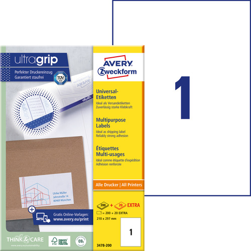 Etykiety uniwersalne Avery Zweckform 3478-200, rozmiar 210 x 297, 220 etykiet
