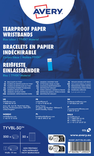 Opaski identyfikacyjne na rękę TYVEK 256x19mm, niebieskie neonowe 500 pasków