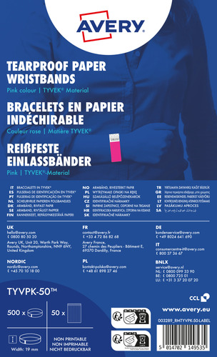 Opaski identyfikacyjne na rękę TYVEK 256x19mm, różowe neonowe 500 pasków