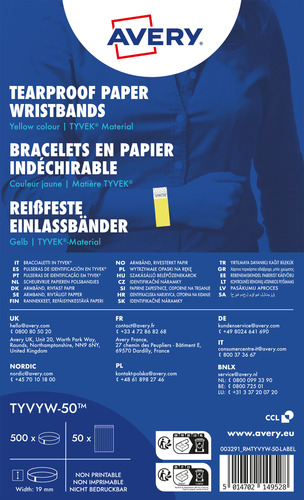 Opaski identyfikacyjne na rękę TYVEK 256x19mm, żółte neonowe 500 pasków