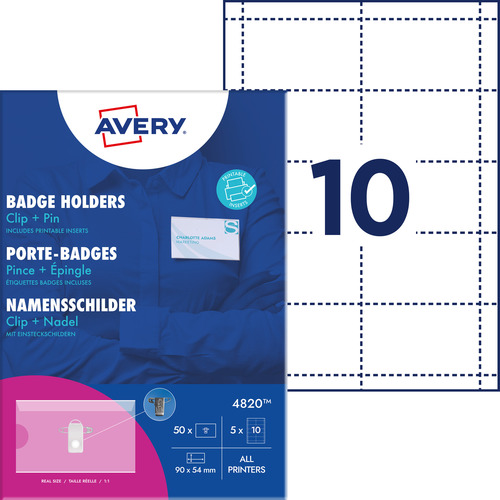 Avery 4820 Holdery na identyfikatory z klipsem i agrafką 54 x 90 mm, 50 szt.