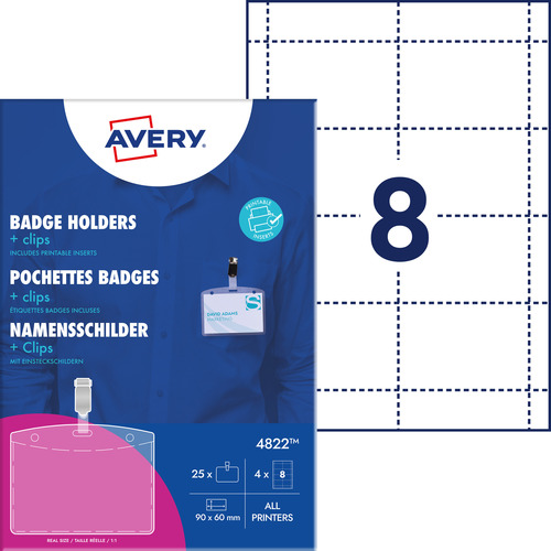 Avery 4822 Holdery na identyfikatory z klipsem i wkładami 60 x 90 mm, 25 szt.
