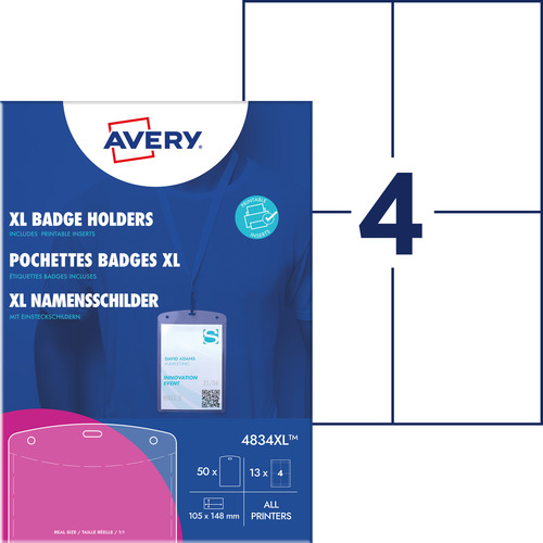 Avery 4834XL Holdery na identyfikatory na smycz, 105 x 148 mm, 50 szt