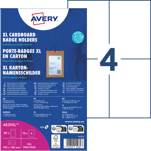 Avery 4839XL Holdery na identyfikatory na smycz, 105 x 148 mm, 50 szt ECO