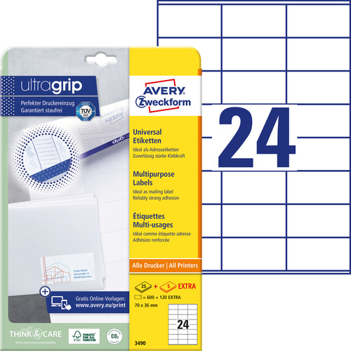 Etykiety uniwersalne Avery Zweckform 3490, rozmiar 70 x 36mm, 600 etykiet