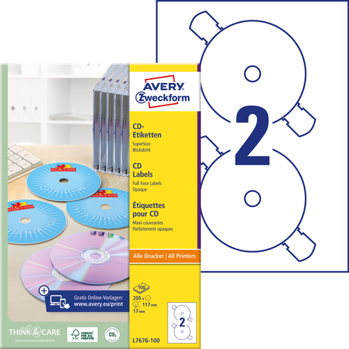 Etykiety na płyty CD Avery Zweckform L7676 - 100 SuperSize 200 etykiet