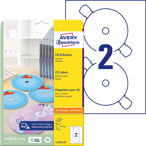 Etykiety na płyty CD / DVD Avery Zweckform L7676 - 25 SuperSize 50 etykiet