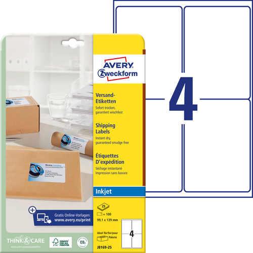 Etykieta wysyłkowa InkJet Avery Zweckform J8169 - 25 99,1 x 139mm biała 200 szt.
