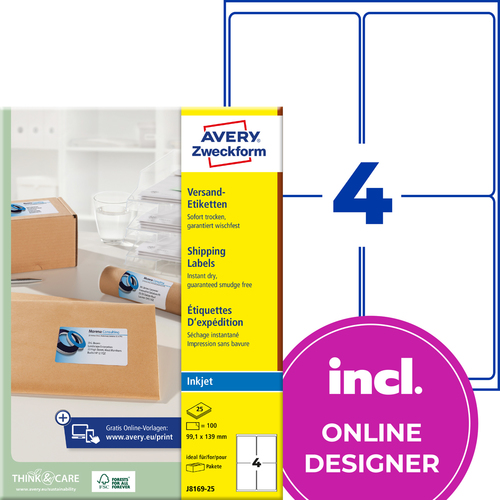 Etykieta wysyłkowa InkJet Avery Zweckform J8169 - 25 99,1 x 139mm biała 200 szt.