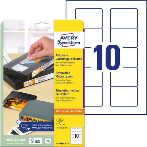 Etykiety usuwalne Avery L4738REV-25 rozmiar 70 x 50,8mm, 250 szt. Stick&Lift