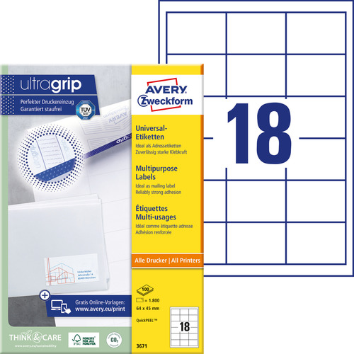 Etykiety QuickPeel Avery Zweckform 3671, rozmiar 64 x 45mm, 1800 etykiet