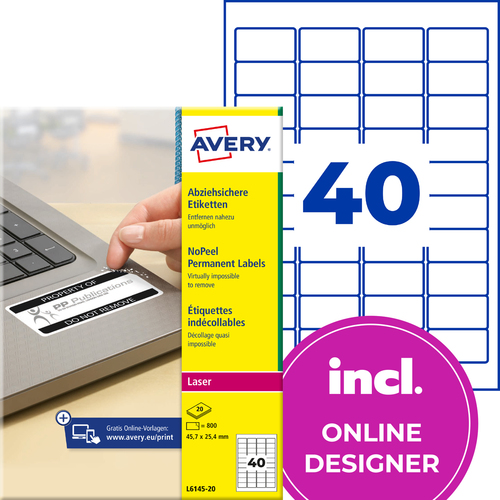 L6145-20 Etykiety nieusuwalne No-Peel 45,2x25,4mm, 800 etykiet