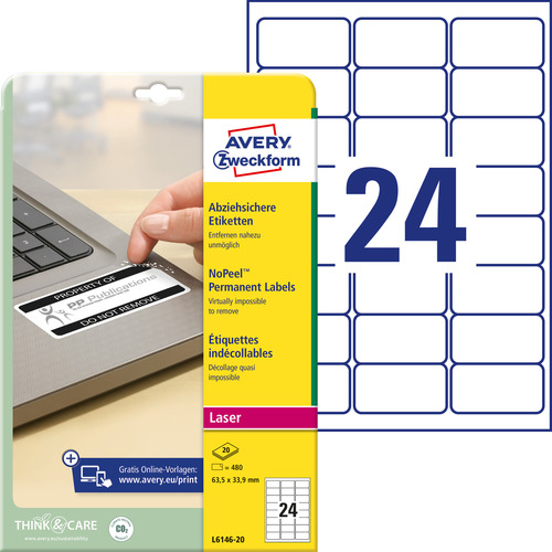 L6146-20 Etykiety nieusuwalne No-Peel 63,5x33,9mm, 480 etykiet