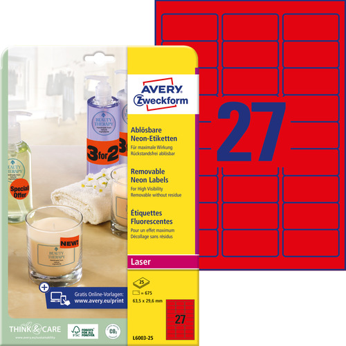 Etykieta neonowa Avery Zweckform L6003 - 25 63,5 x 29,6 mm czerwone 675 etykiet